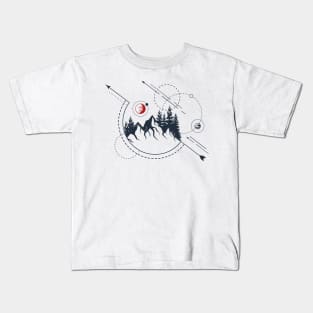 Abstract Forest Mountains, Red Moon, Black Design Kids T-Shirt